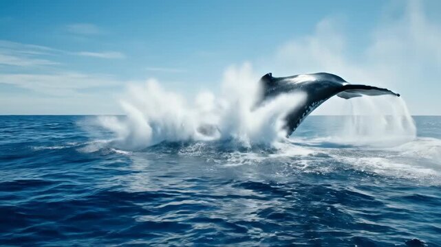 Humpback whale jumping out of ocean water with splash and blue sky