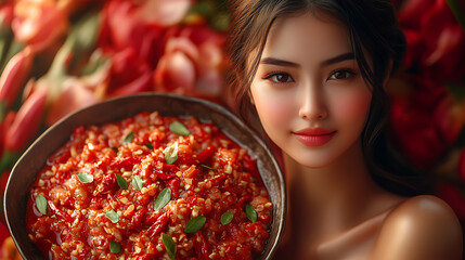 Fusion design of chili relish in ornate Thai dish with bold branding layout in frame 