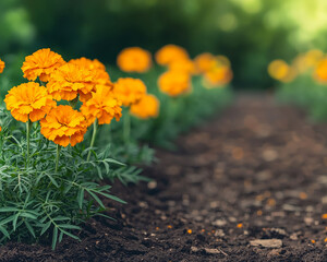 Marigold garden path with bright orange flowers and soft bokeh glow