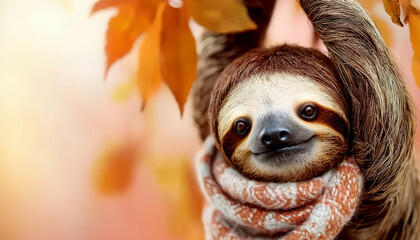 Obraz premium Smiling sloth wearing cozy autumn scarf hanging from branch, warm mood