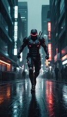 Cyberpunk armored warrior walking
