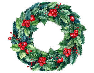 Festive holiday wreath with berries and green foliage