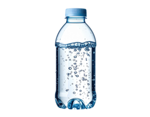 Plastic bottle partially filled with clear bubbly liquid