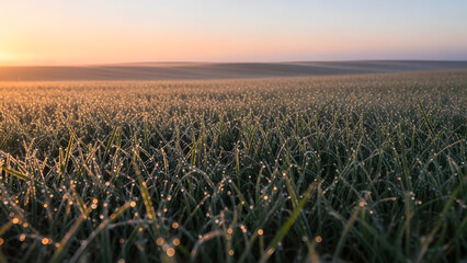 A wide landscape of green grass covered in sparkling morning dew at sunrise