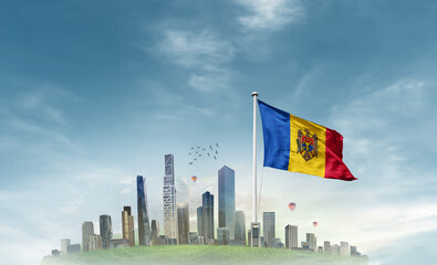 Moldova national flag waving with modern cityscape. A beautiful national flag poster. Moldova national flag for independence day.