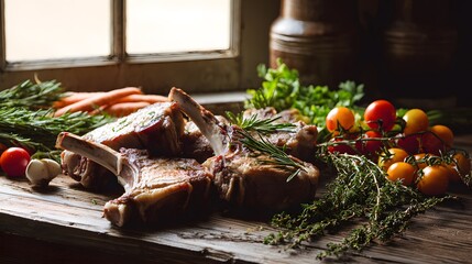 Farm fresh pork chops and ribs showcase rustic authenticity with seasonal vegetables and herbs
