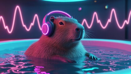 Capybara Wearing Neon Headphones