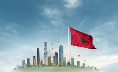 Morocco national flag waving with modern cityscape. A beautiful national flag poster. Morocco national flag for independence day.