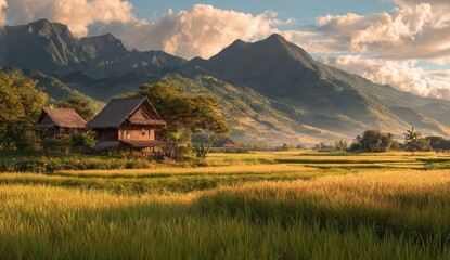 A picturesque scene of a rural cottage nestled near golden rice fields and majestic mountains at sunset