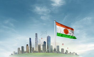 Niger national flag waving with modern cityscape. A beautiful national flag poster. Niger national flag for independence day.