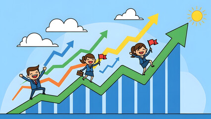 A colorful cartoon illustration showing business people climbing a rising green arrow graph towards a bright sun