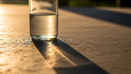 A clear glass of water sitting on a stone surface with long shadows from the golden hour sunlight