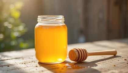Sunlit jar of golden honey, with a wooden honey dipper beside it, sits on a rustic wooden surface.Blurred background