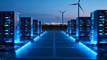 Rows of server racks with wind turbines in background - Powered by Adobe