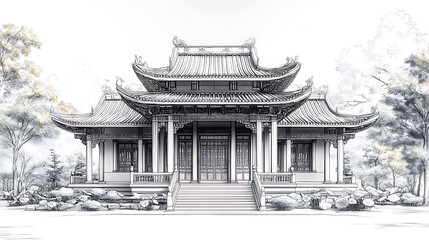 Elegant line art of a Thai pavilion with curved roof and lotus elements arranged symmetrically 