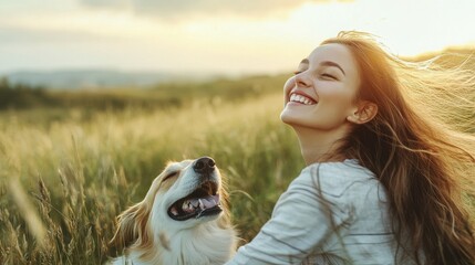 Joyful Woman Playing With Dog in Green Field on a Sunny Day