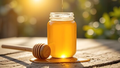 Sunlit jar of golden honey, with a wooden honey dipper beside it, sits on a rustic wooden surface.Blurred background