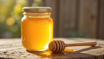 Sunlit jar of golden honey, with a wooden honey dipper beside it, sits on a rustic wooden surface.Blurred background