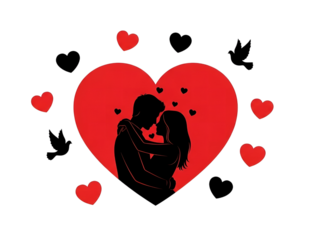 A romantic couple embracing in front of a large red heart on transparent background