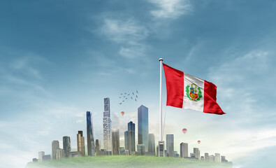 Peru national flag waving with modern cityscape. A beautiful national flag poster. Peru national flag for independence day.