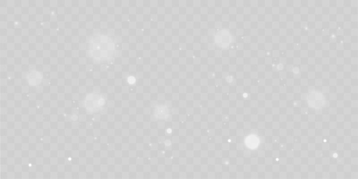 Shimmering silver dust sparkles with glitter white sparks, glowing bokeh blur, radiant highlights, warm flare, floating light particles twinkle for Christmas and New Year. PNG vector illustration.