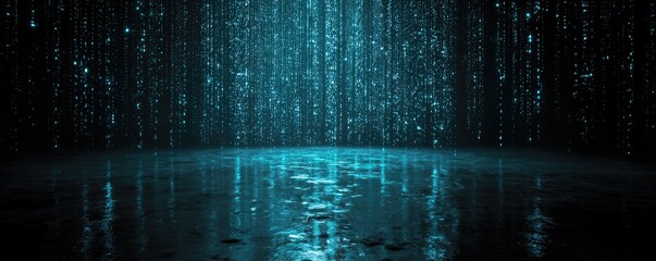A dark, moody scene of falling, glowing teal particles reflecting on a wet, dark surface