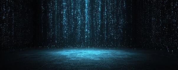 Abstract digital background with blue particle streams falling on a dark concrete surface