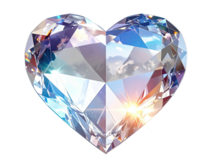 Diamond heart refracts sky, sunburst on black
