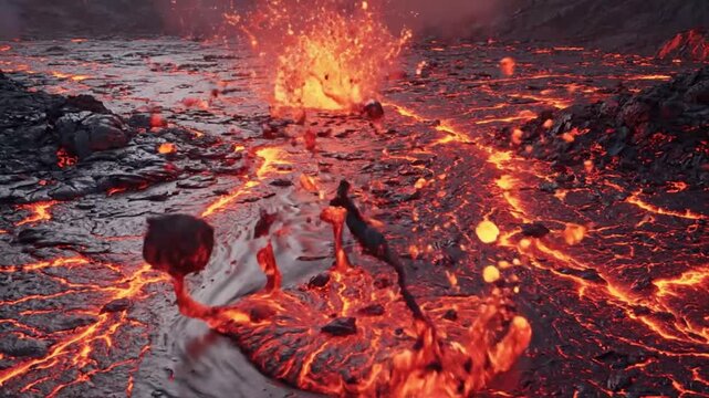 Erupting Volcano: Fiery Lava Flowing Across Harsh Landscape