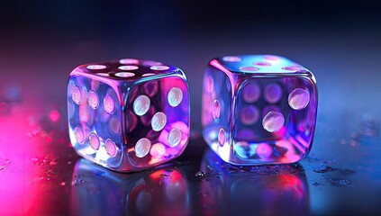 Two transparent dice lit with vibrant hues, reflecting on a slick surface, suggesting luck or chance