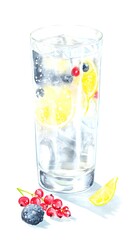 Watercolor Kefir Illustration Fresh Berries Lemon Light Reflections Wellness Editorial Stock Photo