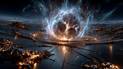 3D rendering of space with particles collected in the center. A bright and magical explosion of a star made of particles