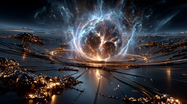 3D rendering of space with particles collected in the center. A bright and magical explosion of a star made of particles