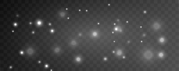 Fototapeta premium Shimmering silver dust sparkles with glitter white sparks, glowing bokeh blur, radiant highlights, warm flare, floating light particles twinkle for Christmas and New Year. PNG vector illustration.