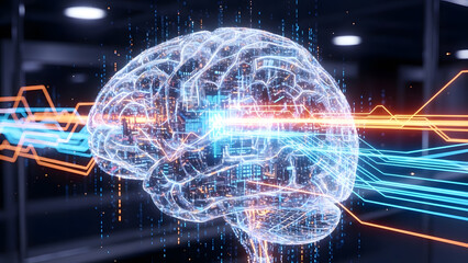 A glowing digital illustration of a human brain representing artificial intelligence and data processing