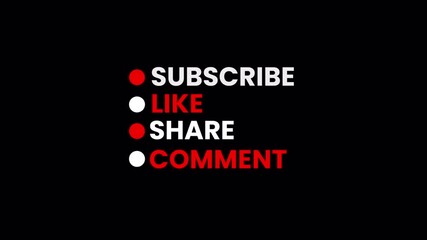 Subscribe like share comment animation, social media call to action text with red icons on transparent background, engagement prompt motion graphic elements appearing sequentially for digital content