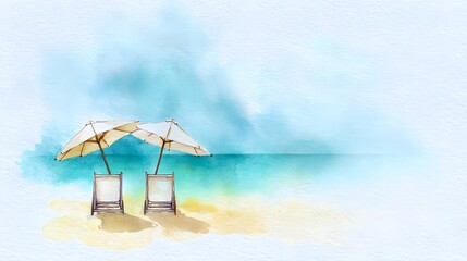 Tropical beach watercolor illustration evokes serene vacation bliss under sunny umbrellas