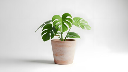 A clean minimalist shot of a vibrant green Monstera plant in a terracotta pot against a white background