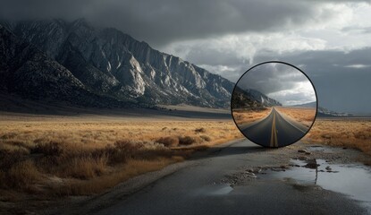 Roadside circular portal reflects a future path through a dramatic mountainscape