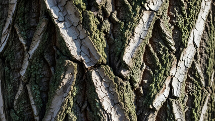 Close up shot showing the intricate details and rough texture of natural tree bark with moss