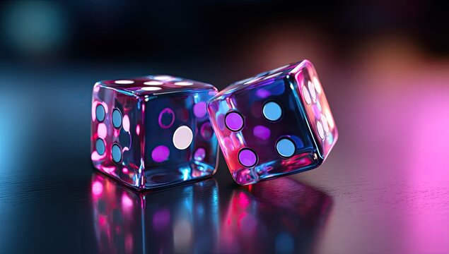 Two clear dice, each with spots, sit on a reflective surface, illuminated by neon colors - Powered by Adobe