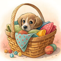 Adorable puppy sitting in woven basket filled with colorful fabrics and yarn balls