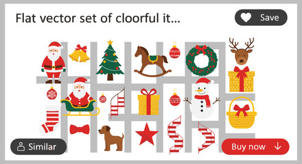 Flat vector set of colorful Christmas icons featuring Santa Claus reindeer snowman decorated tree gifts wreaths and winter holiday symbols for festive designs. © Hosneara