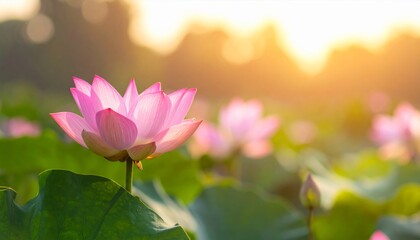 Obraz premium A beautiful pink lotus flower in full bloom floats gracefully on the surface of a serene garden pond surrounded by lush green aquatic leaves and summer flora