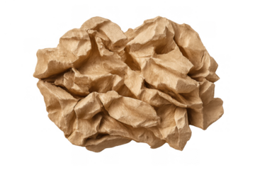 Crumpled brown kraft paper ball isolated on transparent background, showing texture for recycling and waste concepts