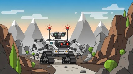 Flat vector illustration of a search and rescue robot with thermal imaging navigating rugged mountainous terrain.
