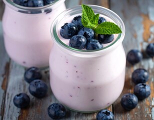 Two glass jars filled with pink yogurt topped with fresh blueberries and mint sprigs, resting on a rustic, weathered wooden surface