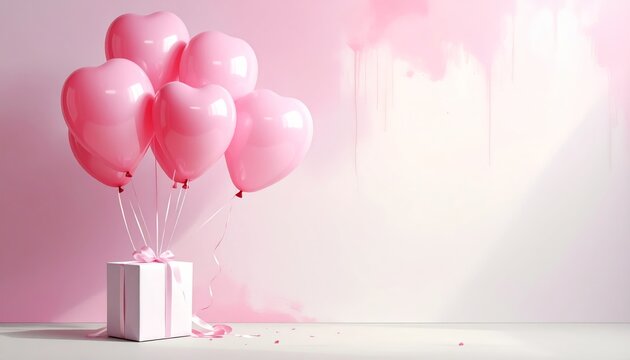 Pink party balloons and a heart balloon with strings fly in the air for a happy birthday celebration or holiday festival decoration as a colorful helium toy gift isolated on white