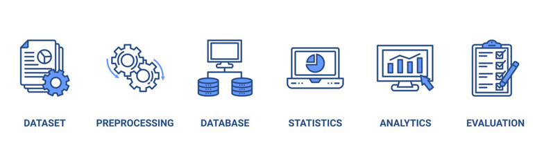 Data mining banner web icon vector illustration concept with icon of data sets, pre-processing, database systems, statistics, analytics and evaluation