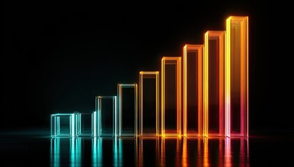 Glowing bars ascend in a dark space, representing growth & progression. Neon colors light the scene